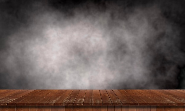 Tavolo in legno su sfondo nero e fumo per simulare il tuo prodottoxA