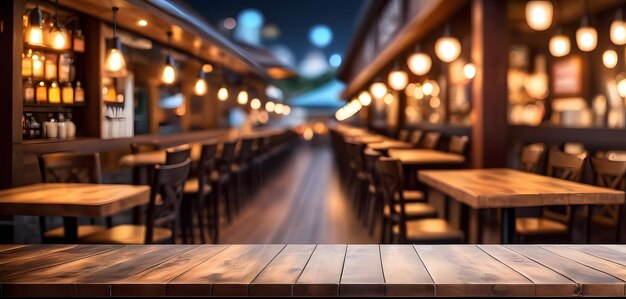 Tavolo in legno su sfondo sfocato con luci di bar generative AI