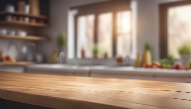 Tavolo in legno su uno sfondo interno di una panchina da cucina sfocata generato da AI