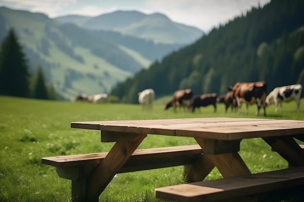 Tavolo in legno sullo sfondo del prato verde alpino sfocato con mucche nella soleggiata giornata estiva Rete neurale generata nel maggio 2023 Non basata su alcuna scena o modello di persona reale