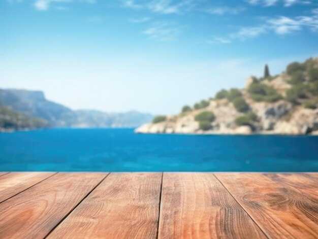 Tavolo in legno sullo sfondo dell'isola del mare e del cielo blu Foto di alta qualità