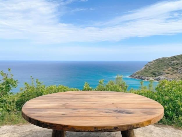 Tavolo in legno sullo sfondo dell'isola del mare e del cielo blu Foto di alta qualità