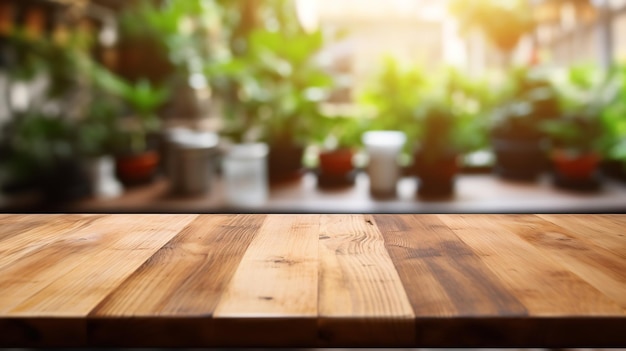 Tavolo in legno sullo sfondo sfocato di una panca da cucina. Ai generativi.