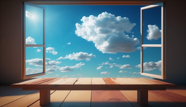 Tavolo in legno vista vuota di nuvole e cielo blu attraverso la finestra aperta Generativo Ai
