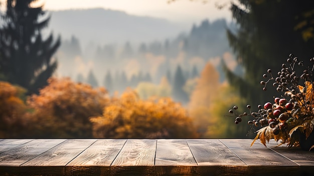 Tavolo in legno vuoto con sfondo sfocato di una foresta autunnale Esposizione del prodotto Spazio per la copia