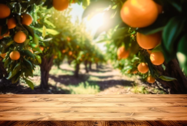 Tavolo in legno vuoto con spazio libero su alberi di arancio sfondo campo arancione IA generativa