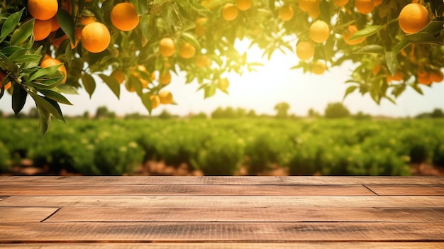 Tavolo in legno vuoto con spazio libero su alberi di arancio sfondo campo arancione Per il montaggio della visualizzazione del prodotto IA generativa