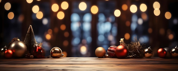 Tavolo in legno vuoto con tema natalizio sullo sfondo