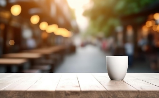 Tavolo in legno vuoto con vetro e caffetteria sfocatura dello sfondo con immagine bokeh