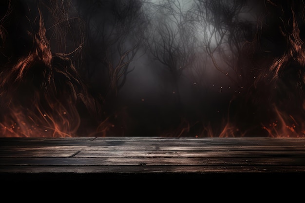 Tavolo in legno vuoto di fronte a un incendio boschivo su uno sfondo scuro