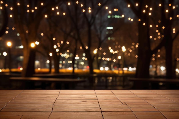 Tavolo in legno vuoto e luci bokeh in città di notte
