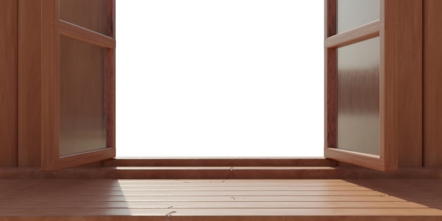 Tavolo in legno vuoto e sfondo bianco fuori dal modello di visualizzazione del prodotto della finestra aperta