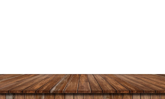 Tavolo in legno vuoto isolato su sfondo bianco, mock-up dei tuoi prodotti.