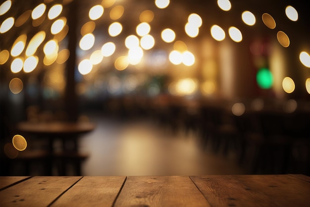 Tavolo in legno vuoto per la visualizzazione del prodotto sullo sfondo sfocato del ristorante di notte