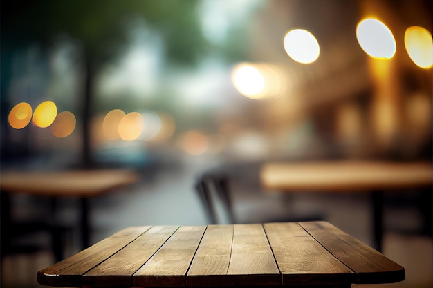 Tavolo in legno vuoto per la visualizzazione del prodotto sullo sfondo sfocato del ristorante di notte