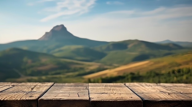 Tavolo in legno vuoto sfondo sfocato IA generativa