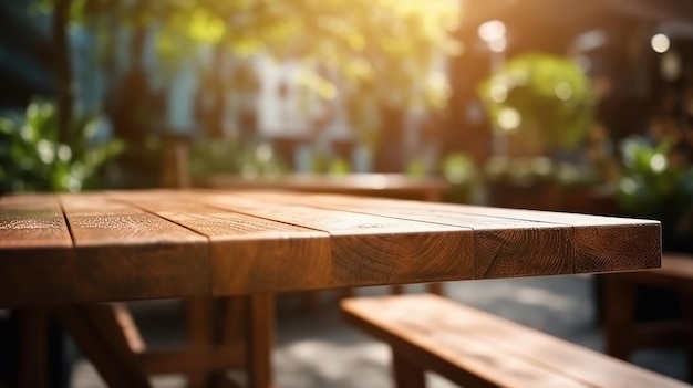 Tavolo in legno vuoto sfondo sfocato IA generativa