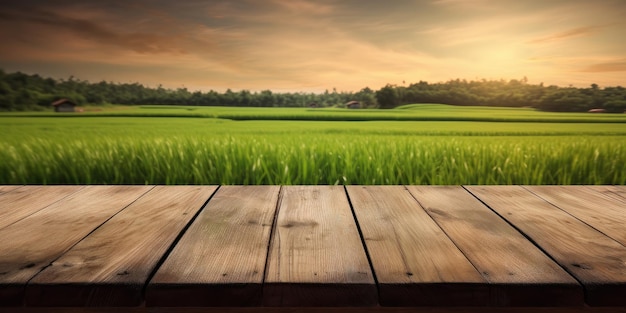 Tavolo in legno vuoto su sfondo verde natura Scrivania con spazio libero per la visualizzazione del prodotto Ai generativo