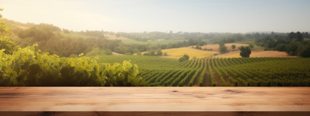 Tavolo in legno vuoto sullo sfondo del vigneto in una giornata di sole