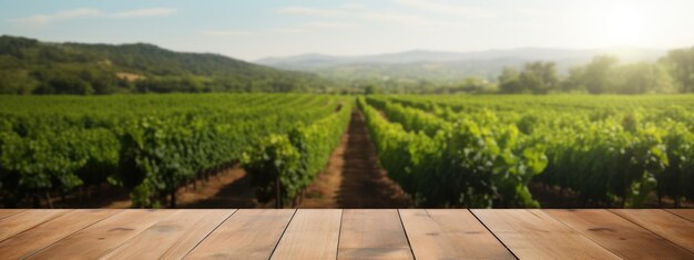 Tavolo in legno vuoto sullo sfondo del vigneto in una giornata di sole