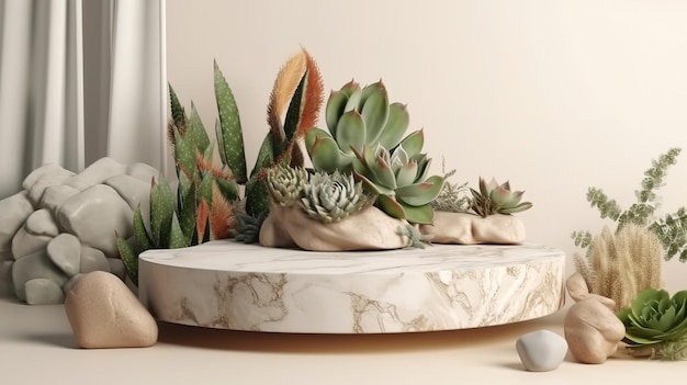 Tavolo in marmo con piante grasse e base in marmo.