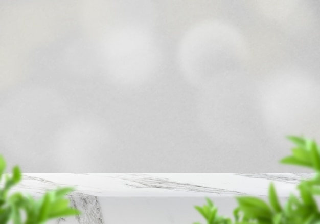tavolo in marmo vuoto con foglie e sfondo bianco bokeh sfondo del prodotto