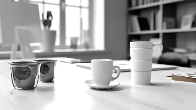 Tavolo in ufficio a casa con rifornimenti e tazza di caffè di carta contro la parete bianca Ai Generative