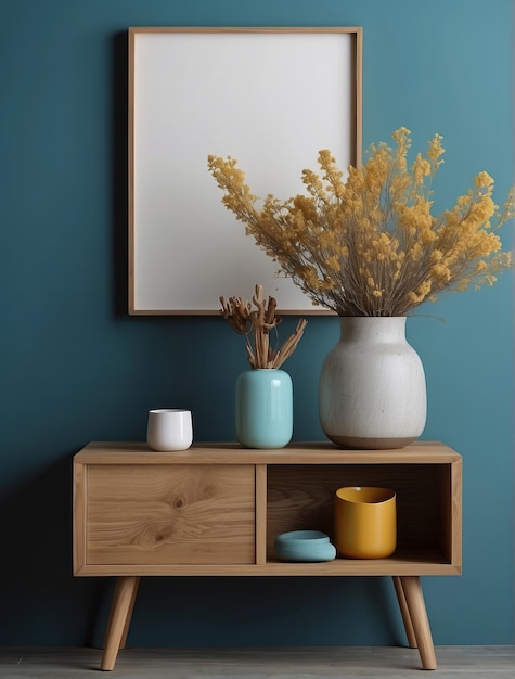 Tavolo laterale in legno blu e vaso di senape con ramoscelli vicino alla cornice del poster di modello vuoto
