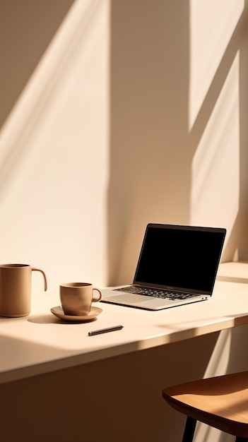 Tavolo minimalista con computer portatile e una tazza