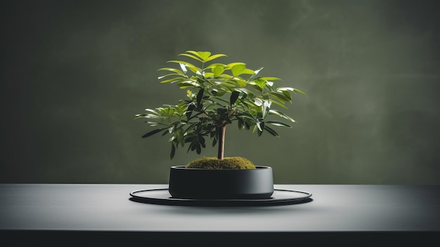 Tavolo minimalista con pianta di bonsai Un affascinante primo piano