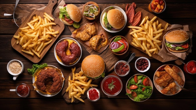 Tavolo o consegna cibi scena di piatti assortiti da asporto Fast food flatlay