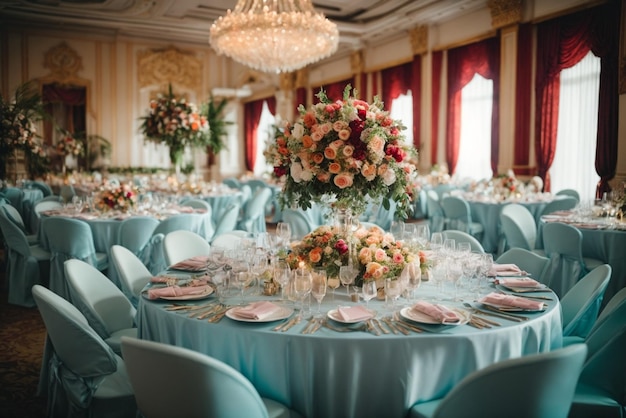 Tavolo per banchetti nuziali decorato con fiori e tovaglia