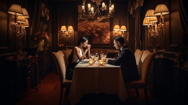 Tavolo per due coppie che si godono un pasto in un ristorante IA generativa