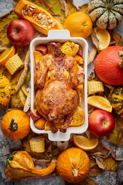 Tavolo per la cena del Ringraziamento con pollo o tacchino arrosto intero, zucca, patate al forno, castagne e verdure autunnali alla griglia.