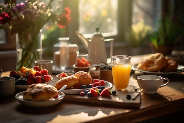Tavolo per la colazione con un bicchiere di succo d'arancia e un piatto di cibo con un croissant e un bicchiere di succo d'arancia.