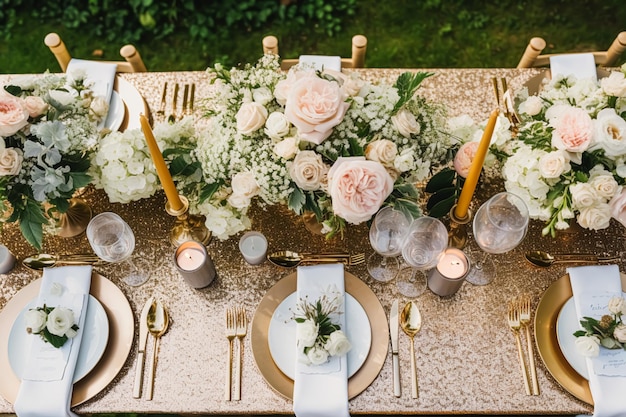 Tavolo per le vacanze tavolo da pranzo formale dorato tavolo da pranzo con decorazioni in oro per la festa di nozze e la celebrazione dell'evento ai generativa post-elaborata