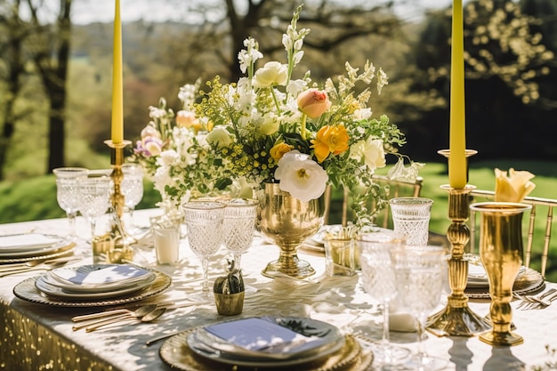 Tavolo per le vacanze tavolo da pranzo formale dorato tavolo da pranzo con decorazioni in oro per la festa di nozze e la celebrazione di eventi generativa ai