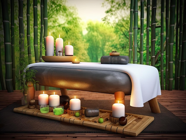 Tavolo per terapia di massaggio termale con candele aromatiche spa relax concetto di massaggio di bambù IA generativa