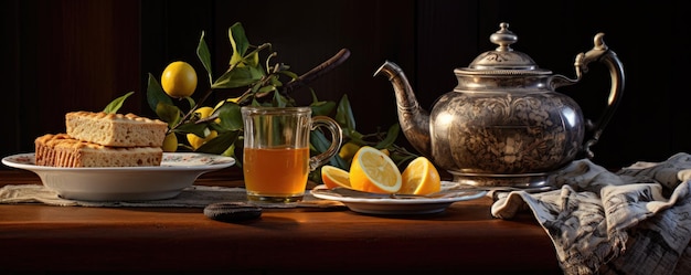 Tavolo pronto per il tè Teiera e tazze posizionate sul tavolo AI generativa
