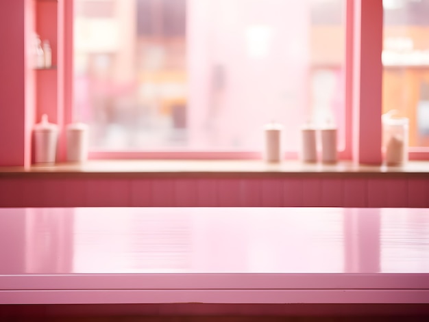 Tavolo rosa vuoto per la visualizzazione dei prodotti con sfondo sfocato del caffè