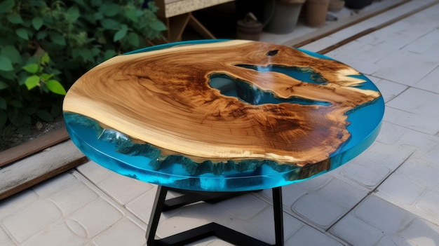 Tavolo rotondo in legno fatto a mano in resina epossidica IA generativa