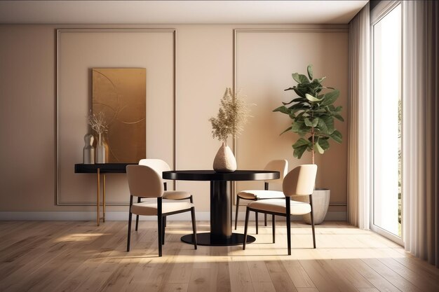 Tavolo rotondo in legno rotondo in stile retrò per sala da pranzo con pareti beige di lusso generato dall'intelligenza artificiale