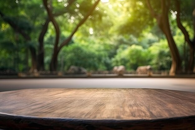 Tavolo rotondo in legno vuoto e sfondo sfocato del giardino con immagine bokeh Foto di alta qualità