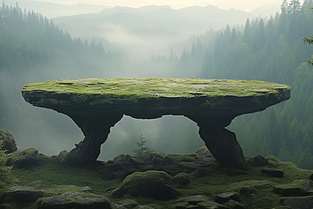 Tavolo rotondo in mezzo alla foresta con la nebbia sullo sfondo