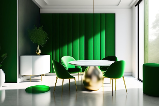 Tavolo rotondo moderno e minimale verde smeraldo in ombra di foglie di luce solare screziata su conc beige bianco pulito