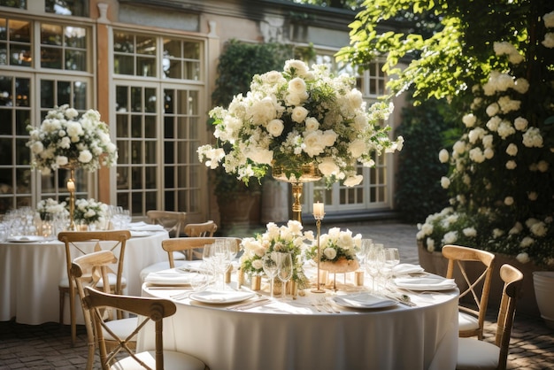 Tavolo rotondo per gli ospiti di nozze per una cena squisita con bellissime composizioni floreali