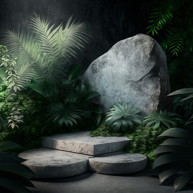 Tavolo rotondo vuoto in pietra davanti allo sfondo della giungla tropicale Rendering 3D Ai generativo