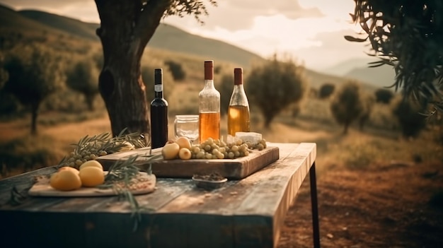 Tavolo rustico all'aperto con formaggio vino e olio d'oliva in uno scenario italiano cibo cibo tradizionale picnic Tavolo con piatti e bottiglie Paesaggio italiano Piatto di formaggi Generative AI