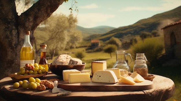 Tavolo rustico all'aperto con formaggio vino e olio d'oliva in uno scenario italiano cibo cibo tradizionale picnic Tavolo con piatti e bottiglie Paesaggio italiano Piatto di formaggi Generative AI