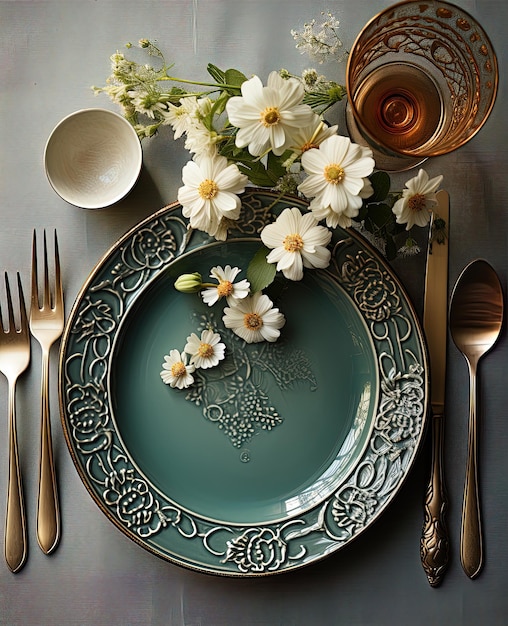 Tavolo rustico con vasi di bicchieri da tavola in porcellana e fiori bianchi nei toni del verde
